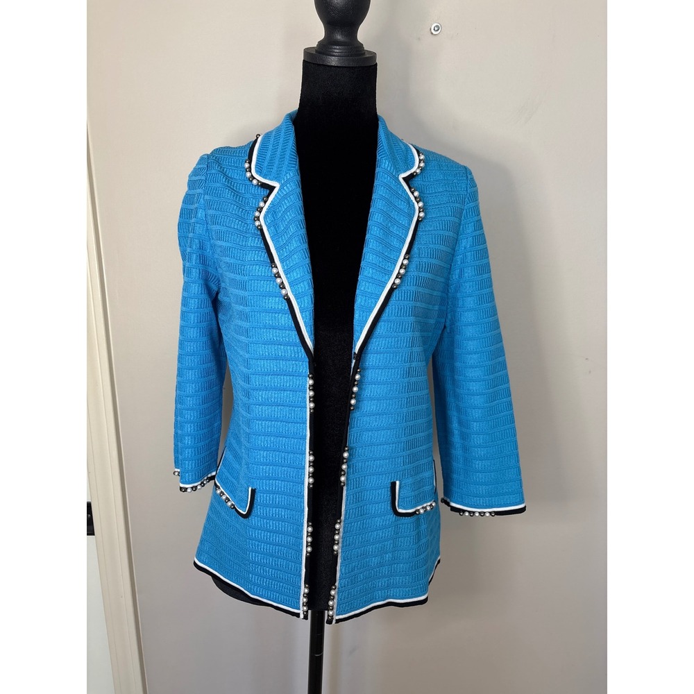 Ming Wang Turquoise Blue Knit Blazer Faux Pearl Trim Open Front Jacket XS